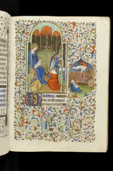 Ms 62 f.76r Adoración de los Reyes; San Juan y ángel con hoz, de un Libro de Horas